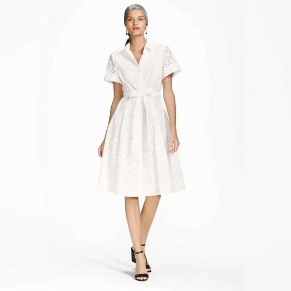 Brooks Brothers Eyelet Shirt Dress 10 Midi Romantic Wedding Guest 100% Cotton